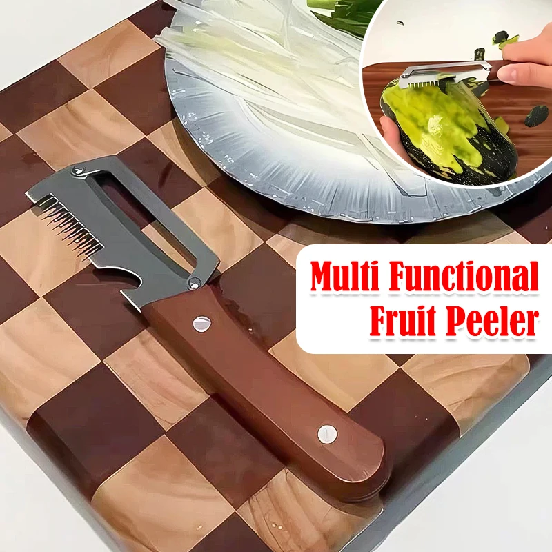 3-in-1 Serrated Peeling Knife, Premium Vegetable Peeler with Bottle Opener, Stainless Steel Kitchen Gadget with Wooden Handle