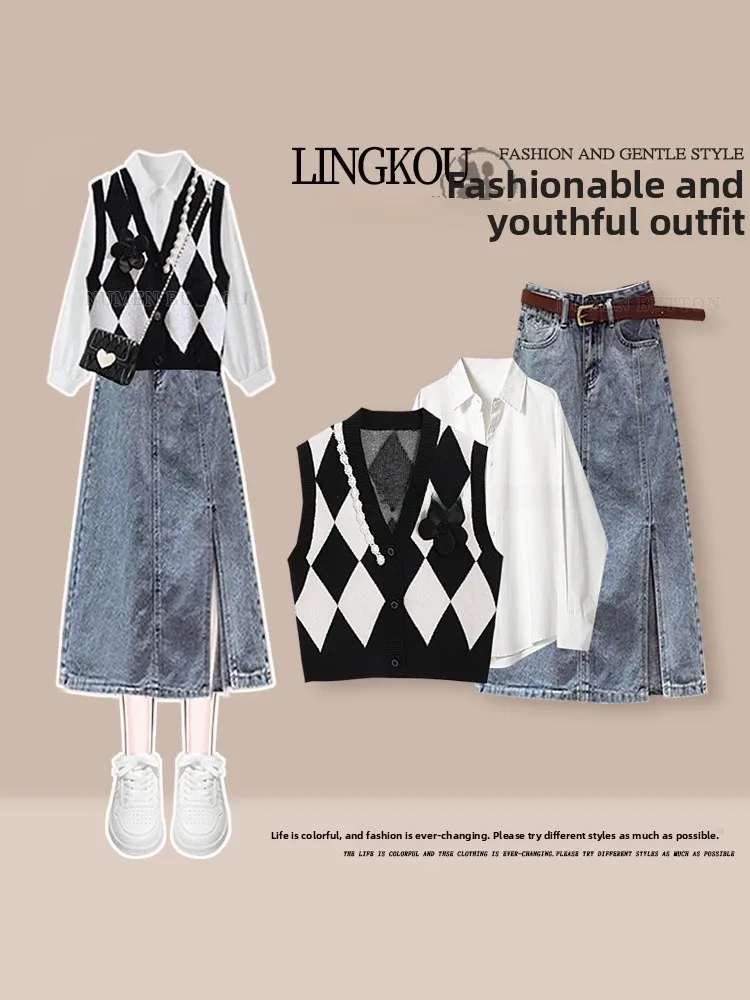 

Stunning Large Size Autumn Set Women's V-neck Tank Top And High-waisted Denim Skirt Three-piece Ensemble Fashionable Cas...