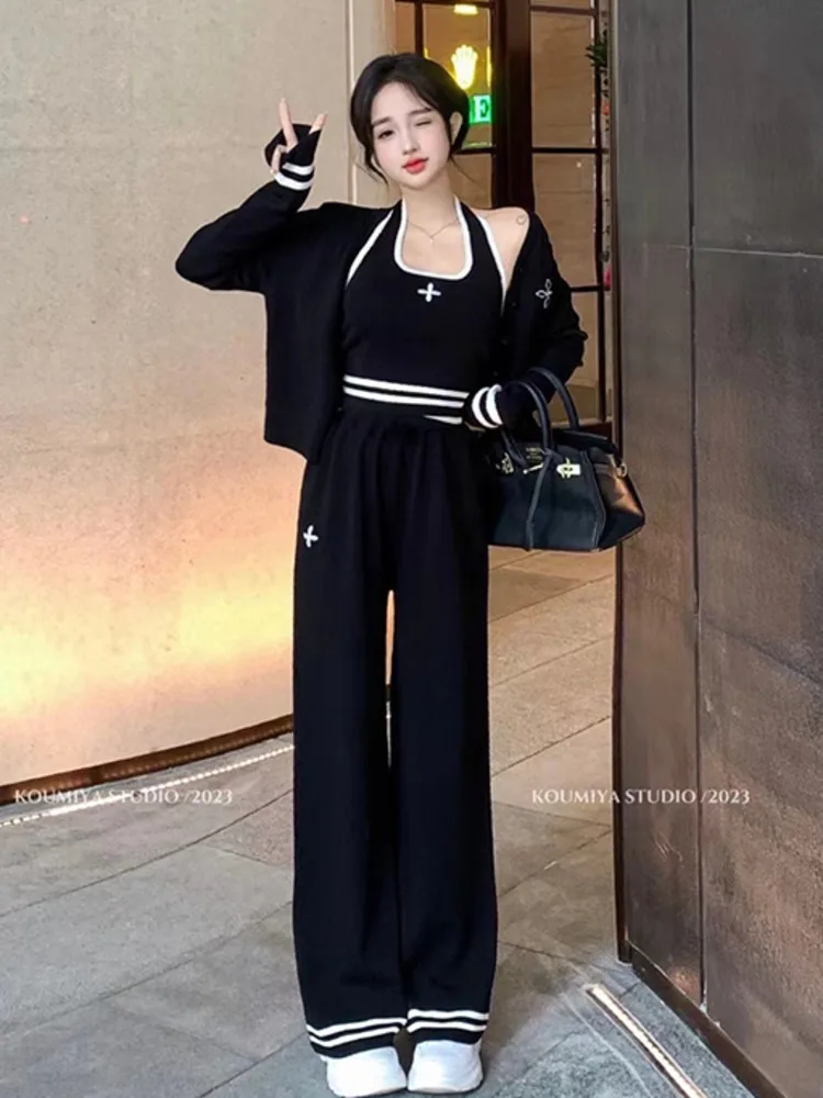 Streetwear Knitted 3 Piece Set Women Long Sleeve Cardigan Coat + Camisole + Pant Sets Spring Fashion Casual Three Piece Suits