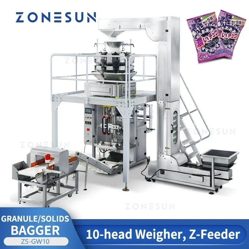 ZONESUN ZS GW10 Granulatverpackungsmaschine, Metalldetektor, Kontrollwaage, Z-Feeder, Verpackungsleitung für feste Lebensmittel