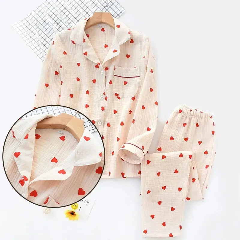 New Fashion 2pcs Heart Shaped Printed Turn Down Collar Long-Sleeve Trousers Ladies House Hold Wear Loose Pajamas Set