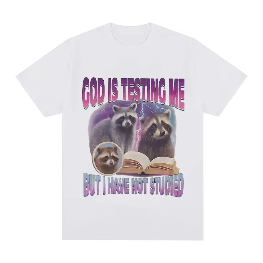 God Is Testing Me But I Have Not Studied T-Shirt Raccoon Funny Meme Book Graphic T-Shirt Men Women Y2K Vintage Oversized T Shirt