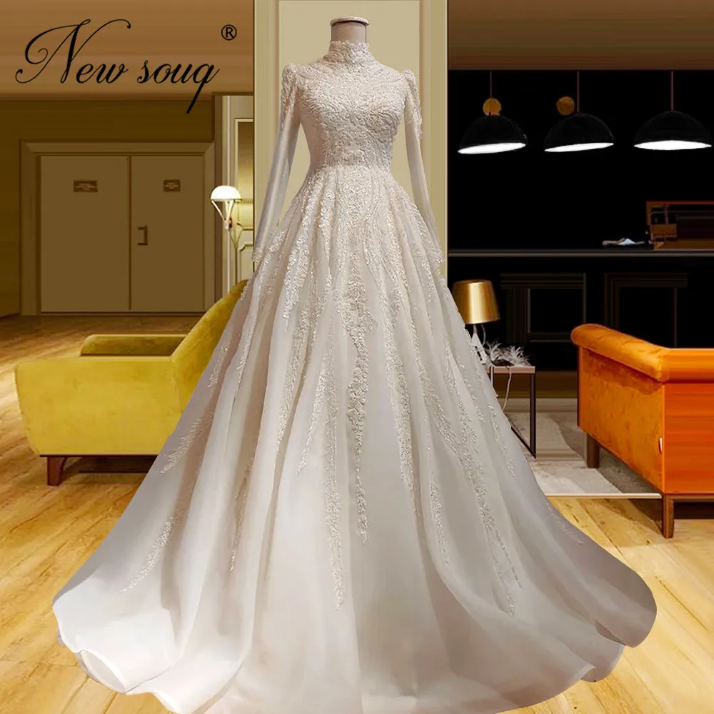 Haute Couture A Line perline abiti da sposa personalizzati Dubai maniche lunghe abito da sposa cristalli di lusso abiti da sposa in gravidanza