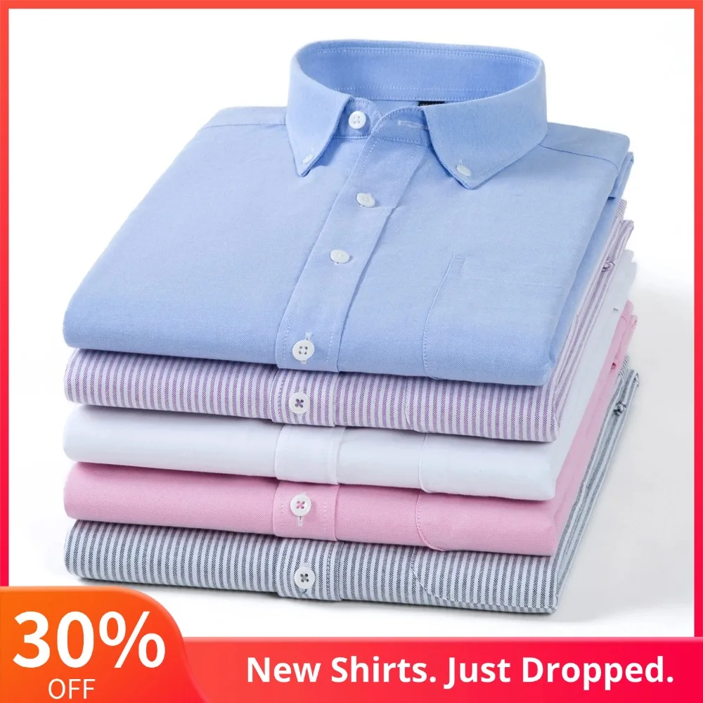Camisa oxford masculina listrada sólida trabalho casual botão para baixo colarinho camisa de algodão clássico-ajuste camisas de manga longa com bolso
