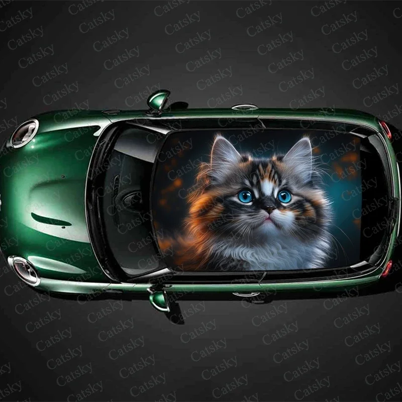 Cute Kitten Cat Car Roof Sticker Wrap Racing SUV Accessories Packaging Painted PVC Custom Car Graphic Decal