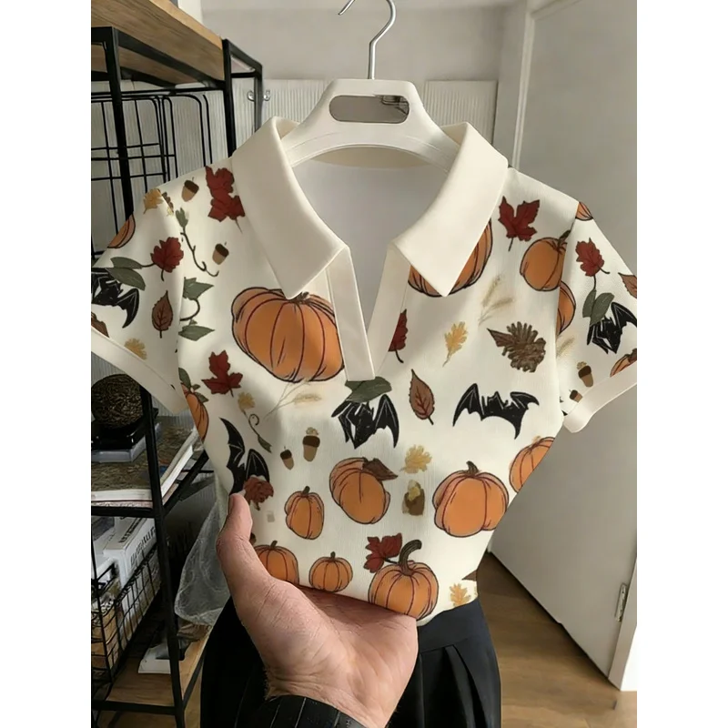 This year's new fashionable and versatile women's clothing polo Off-white pumpkin maple leaf bat autumn