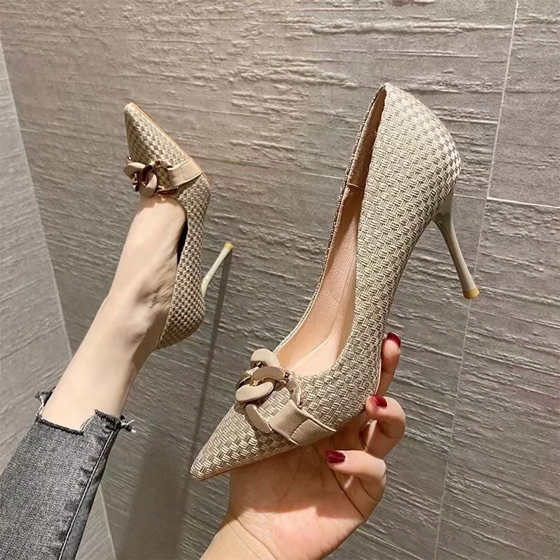 

Large Size 34-43 Metal Chain Weave Pumps Woman Mary Janes Knitted Talon Femme Pointed Toe Thin High Heels Shoes for Women 2022