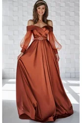 Fashion Dark Orange Off the Shoulder A-line Prom Dresses Transparent Tulle Long Sleeve Pleats Ruffles Evening Dresses with Belt