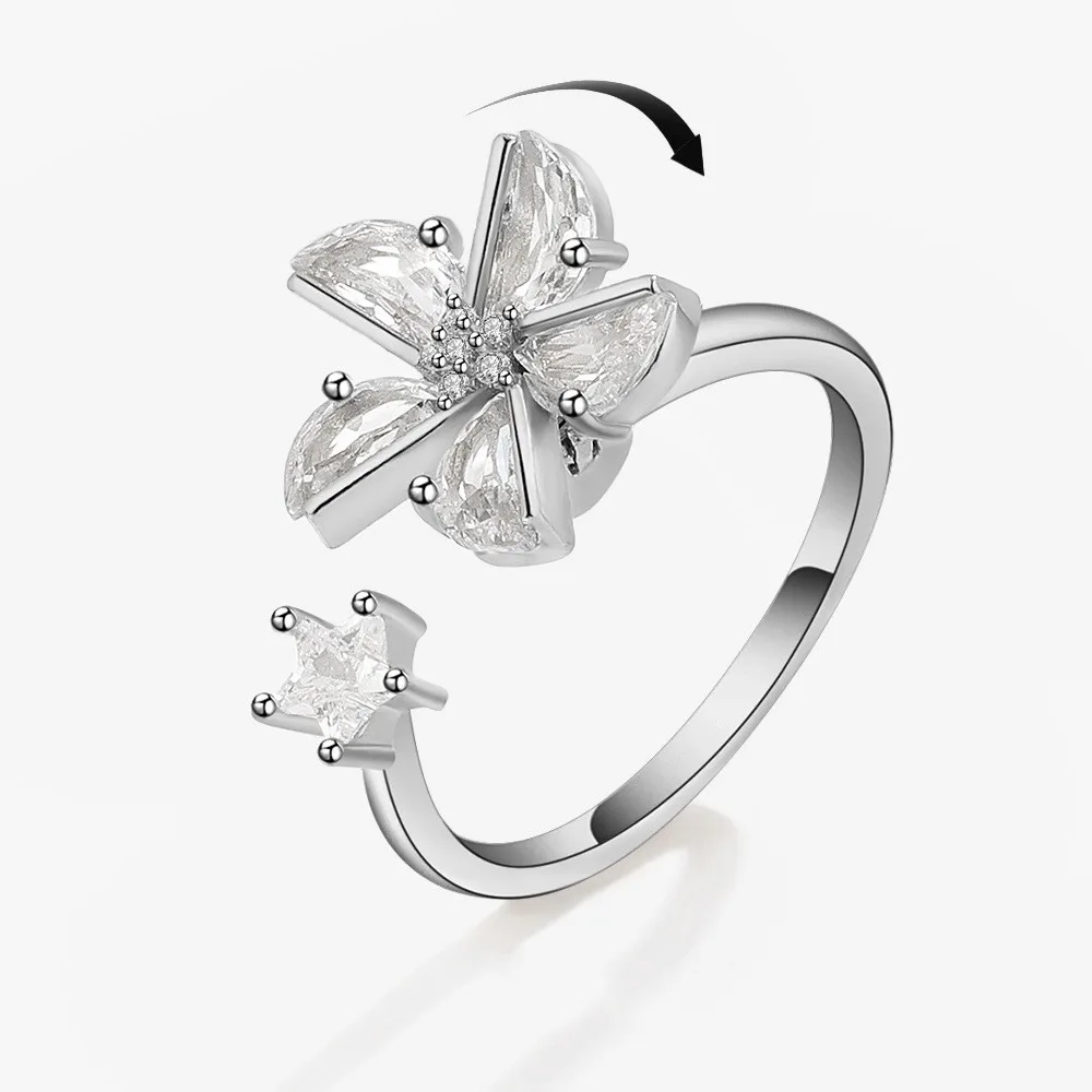 Women's Adjustable Crystal Flower Fidget Ring