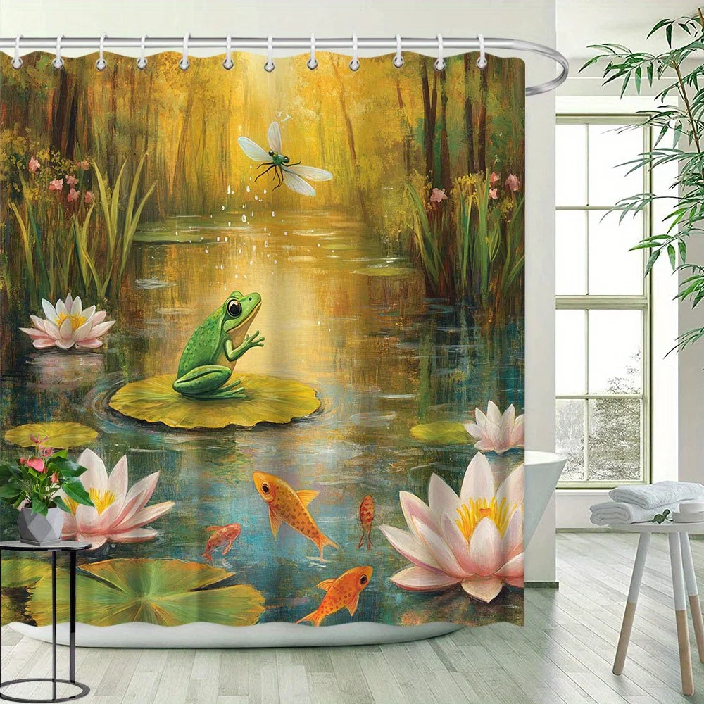 

Frog Natural Scenery Shower Curtain - Pond Theme, Lotus & Fish, Creative Artistic Polyester, 12 Hooks, Bathtub Partition