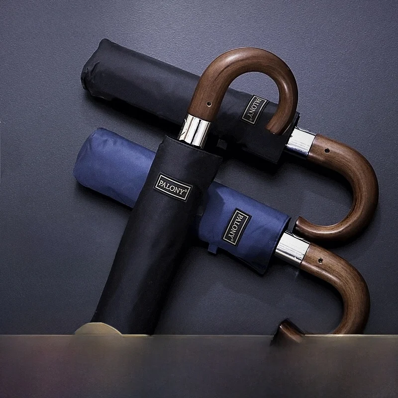 

Мужской высококачественный деловой автоматический складной зонт с черным клеевым покрытием, солнцезащитный, большой, с двойным усиленным деревянным корпусом и ручкой