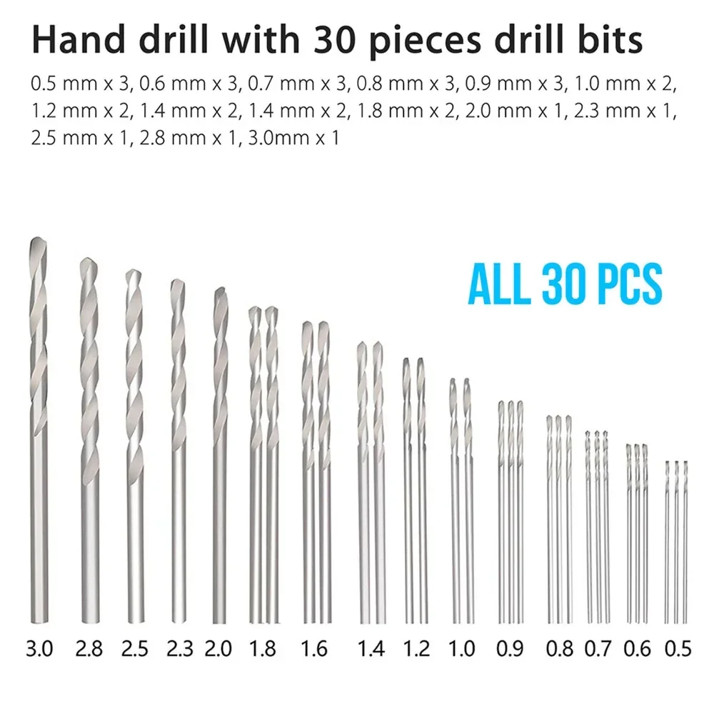 31Pcs Precisie Pin Vise Hobby Boren Hand Rotary Gereedschap Set 0.5Mm, 0.6Mm, 0.7Mm, 0.8Mm, 0.9Mm, 1Mm, 1.2Mm, 1.4Mm