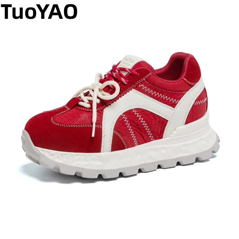 

8cm Women Casual Shoes Comfortable Non Slip Platform Sneakers Chunky Heel Genuine Leather Walking Shoes Boots