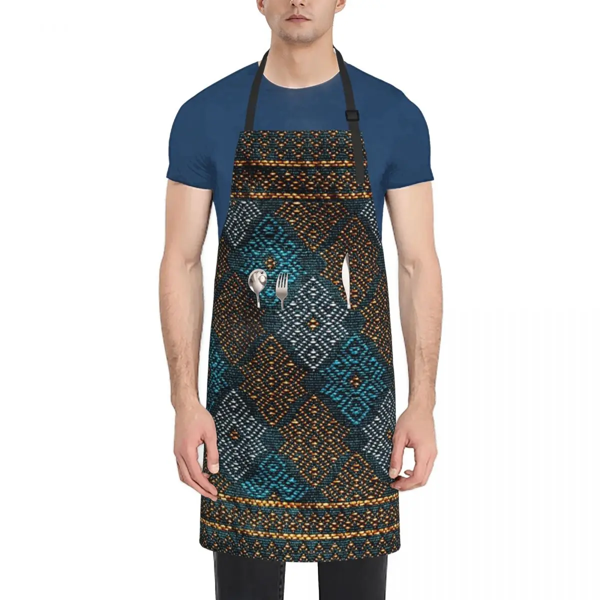 Thai Silk - Blue Gold Thai silkworms Apron Waterproof Kitchen Woman Household Items Kitchen Things Kitchen Things For Home Apron