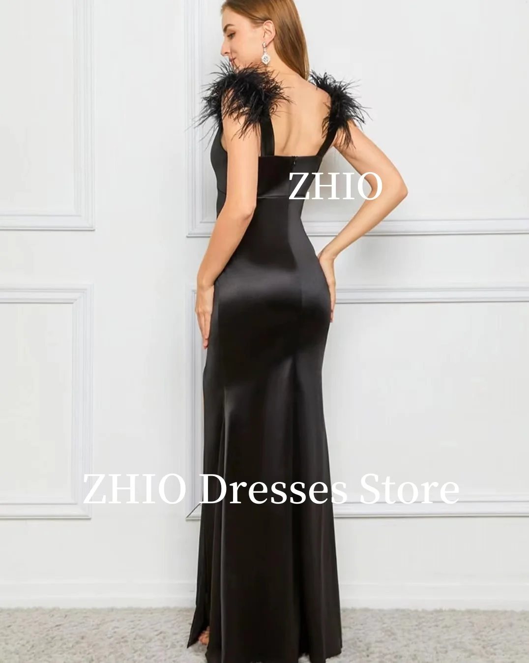 ZHIO Ostrich Feathers Evening Dress Strapless Straight Slit Formal Occasion Dress Cocotail Party Prom Gown Customized Luxury