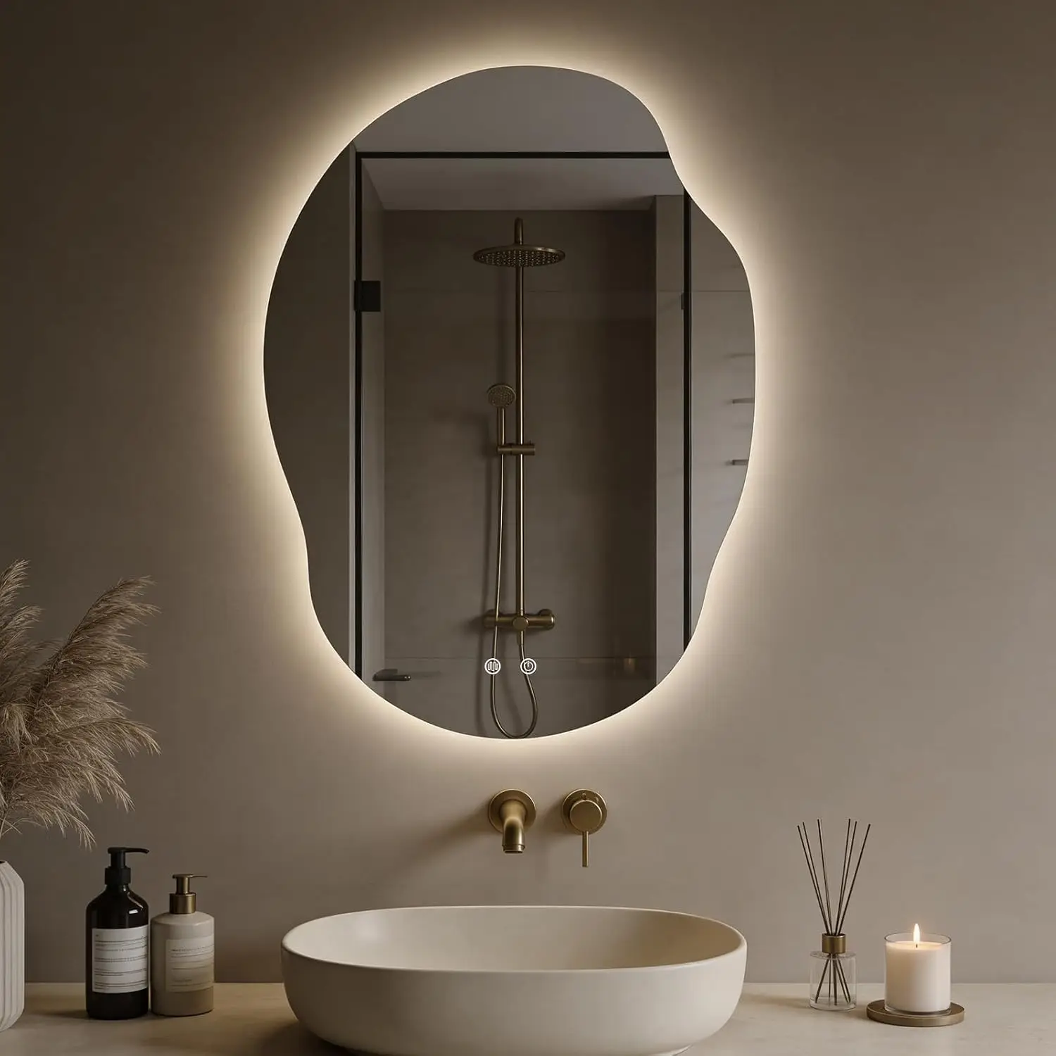 Led Bathroom Mirror Lights Asymmetrical Irregular Backlit Vanity 35H 25W AntiFog Dimmable 3Color Temp Memory Hardwired Mount Hor
