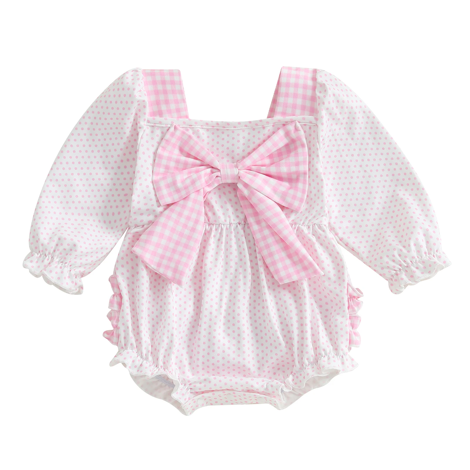 

Adorable Infant Girls Polka Dot Patterned Romper with Plaid Bow Detail Square Neckline and Long Sleeves - Stylish Newborn