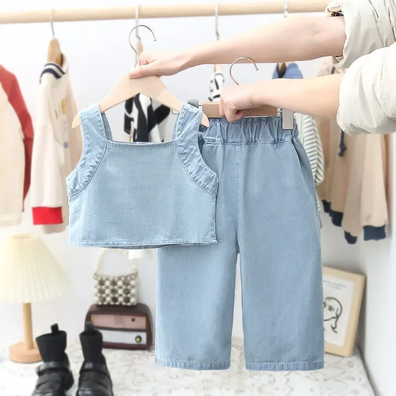 Clothing Kids Girls Summer Korean Fashion Baby Sleeveless Denim Top + Denim Pants Casual 2Pcs Kids Outfit for Girls 1 To 5 Years