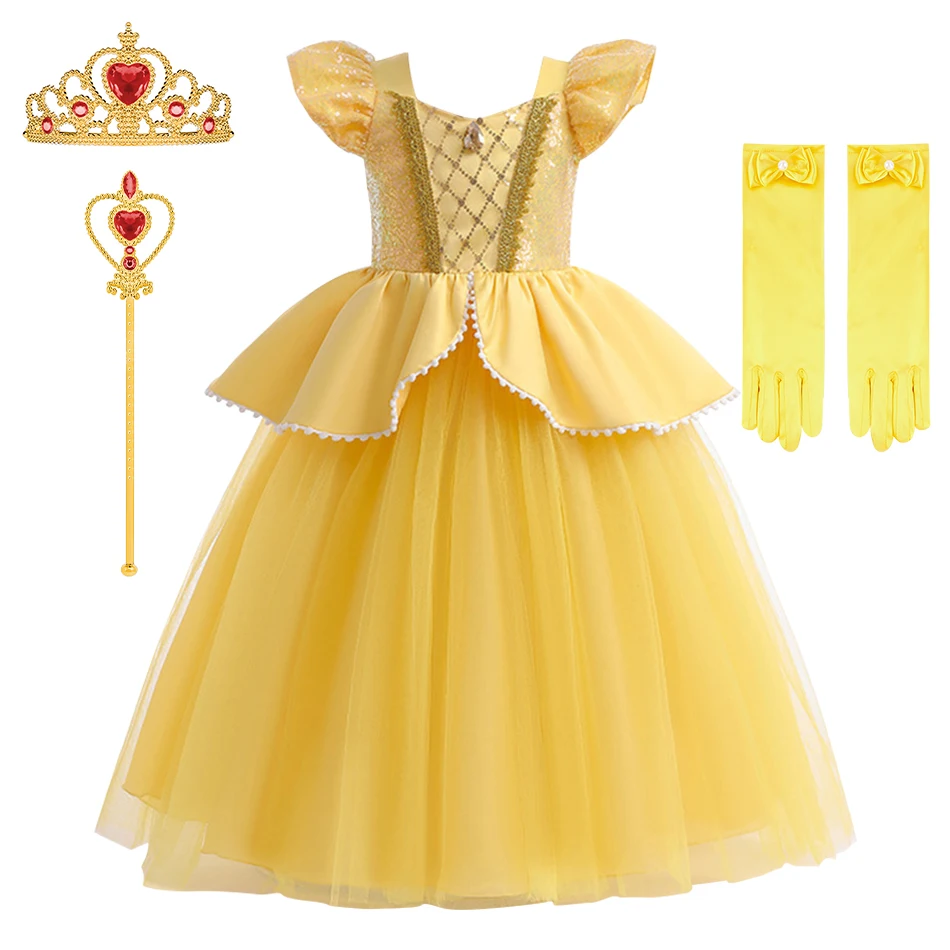 

Children Princess Dress Kids Cosplay Dresses Beauty And Beast Belle Yellow Puff Sleeve Dress Girl Stage Performance Clothing