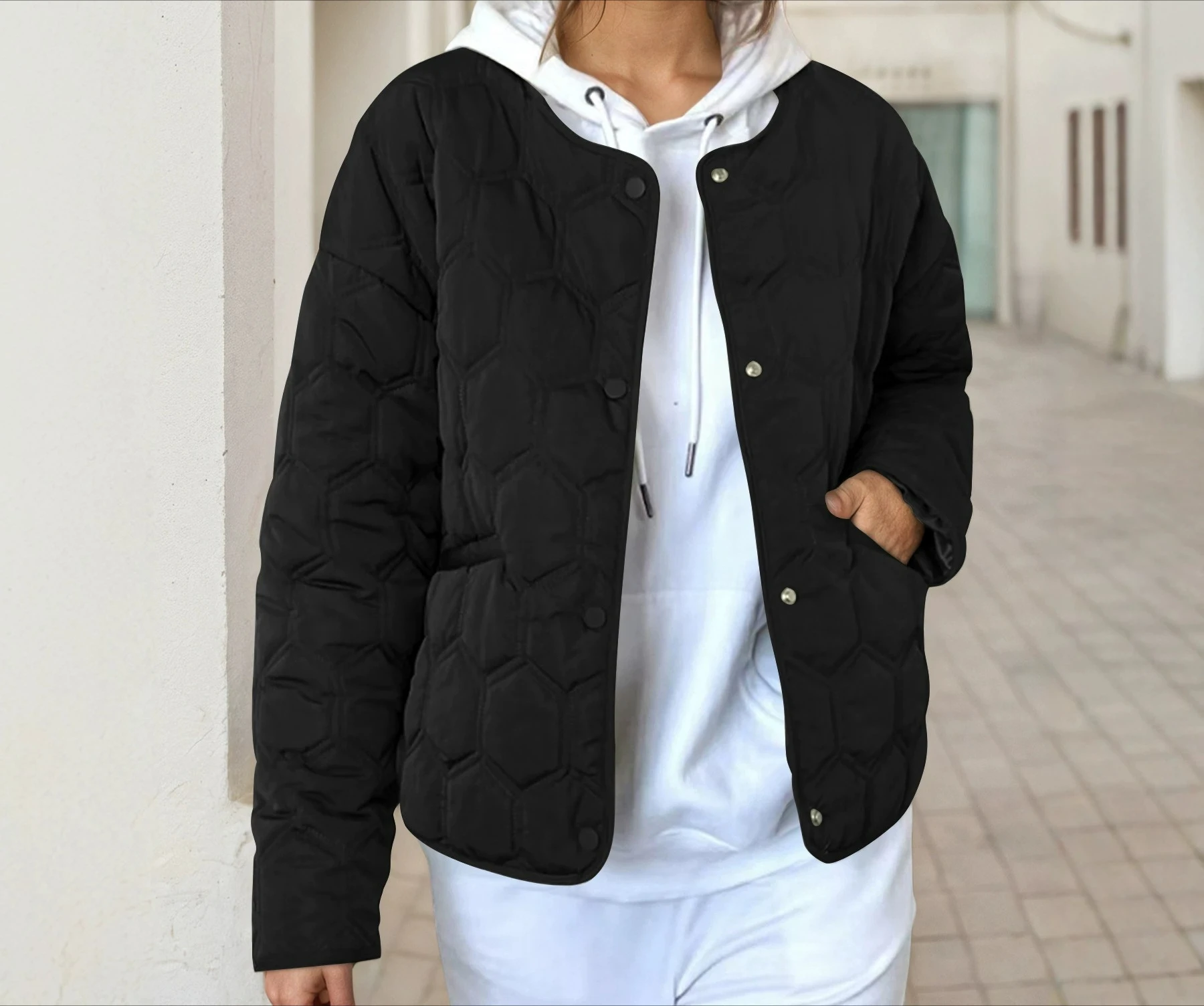 Autumn and Winter Women's Light Cotton Round Neck Snap Button Loose Short Casual Warm Padded Jacket