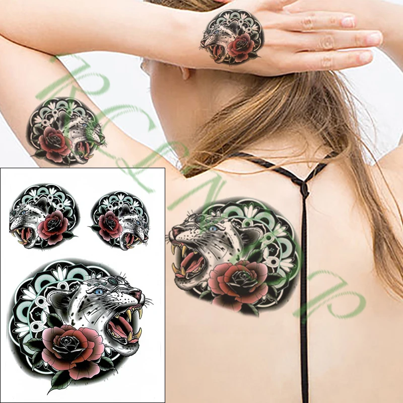 Waterproof Temporary Tattoo Sticker roaring leopard red rose flower Fake Tatto Flash Tatoo big size tattoos for kid Women Men