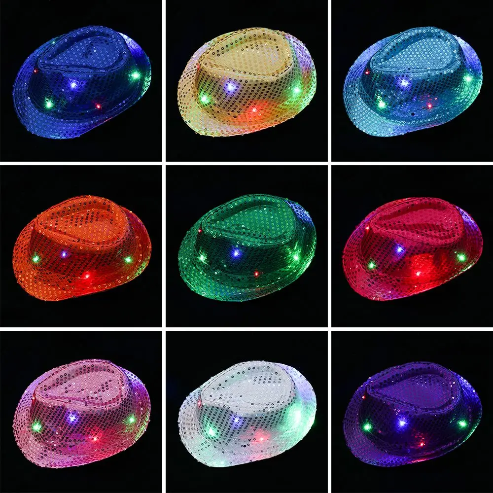 Stage Performance Dress Dance Party Flashing Led Fedora Trilby Panama Cap Jazz Hat Sequin