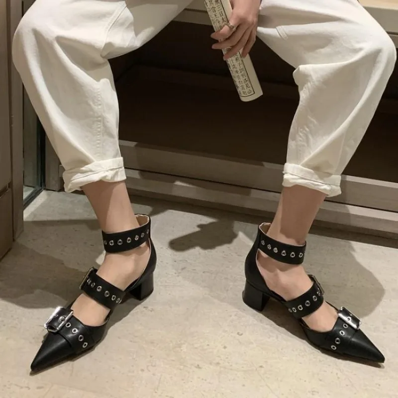 2024 Summer New Baotou Sandals, Women\'s Shoes Pointed Belt Buckle Rivet Medium Heel Thick Female Sandals, Hollow Bag Shoes