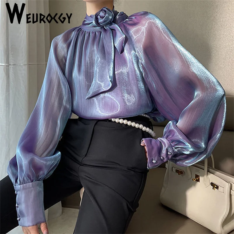 Bow Neck Ladies Blouses Stylish Korean Edition New Casual Loose Lantern Sleeve Loose Female Shirts 2023 Spring Summer Women Tops