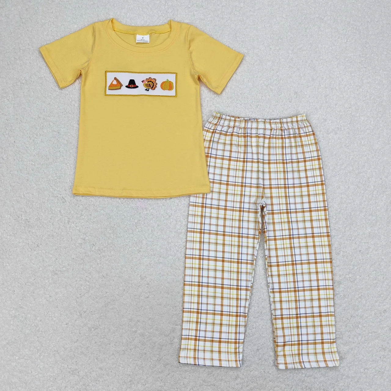 

Wholesale Toddler Short Sleeves Embroidery turkey Pumpkin Tops Plaid Pants Baby Boy Set Kid Children Thanksgiving Outfit Pajamas