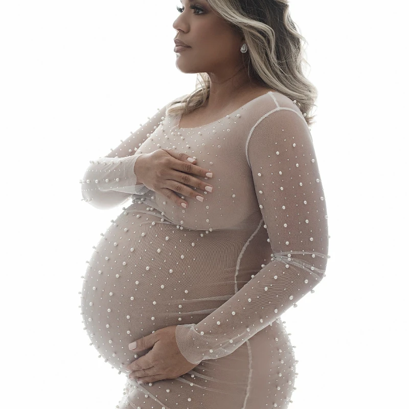 Sexy Black Maternity Photography Props Dresses Transparent Bright Pearl Lace Tulle for Pregnancy Women Photo Shoot Accessories view 2