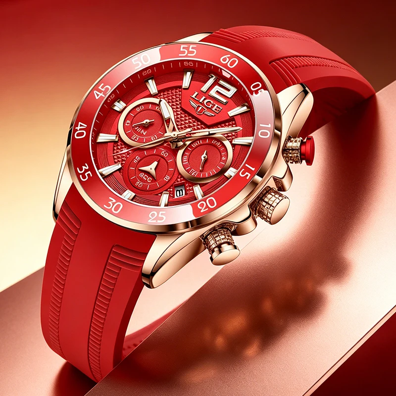 

LIGE Sport Watches For Men Fashion Red Silicone Chronograph Big Dial Watch Men Casual Waterproof Quartz Wristwatch Reloj Hombre