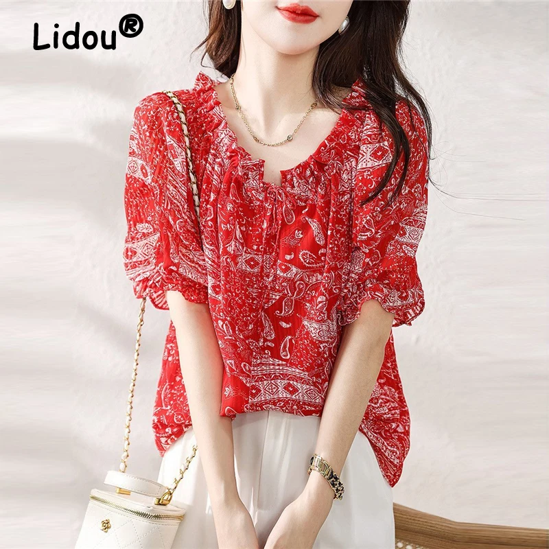 Women Silk Ruffle Lace Up Elegant Blouse Summer Korean Fashion V Neck Short Sleeve Shirt Y2K Sweet Chic Loose Tops Female Blusas