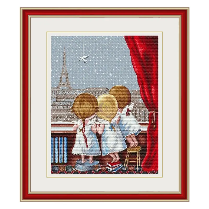 European New Characters E1250 Childhood Cute In The Morning Little Angel Girl Light Grey Blue Cloth  Fishxx Cross Stitch Kit