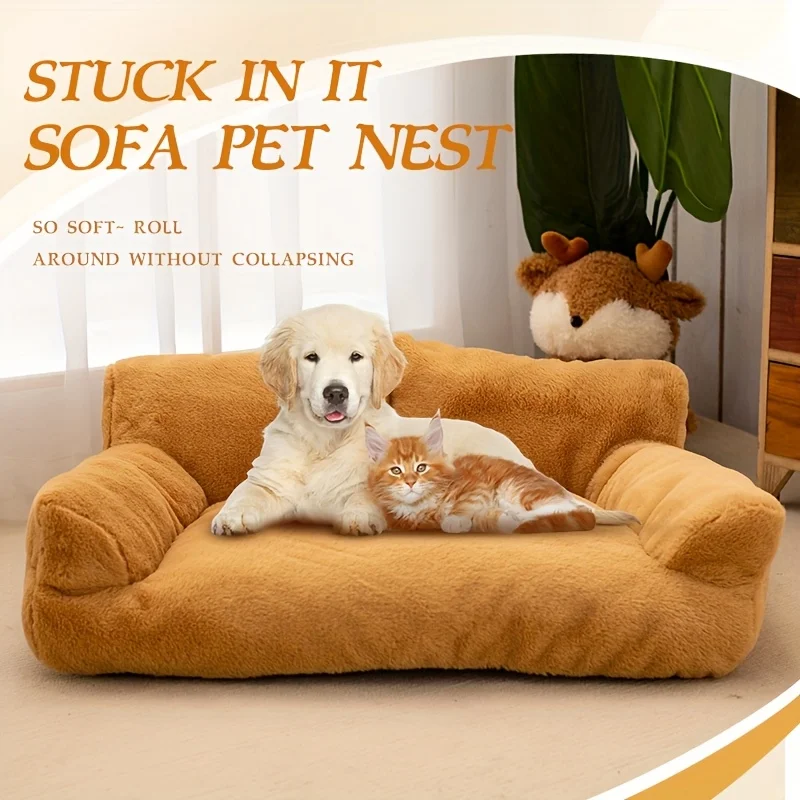 

Удобная зимняя кровать для домашних животных, подходит для кошек и собак с плюшевым диваном, нескользящим, моющимся диваном из полиэфирного волокна,