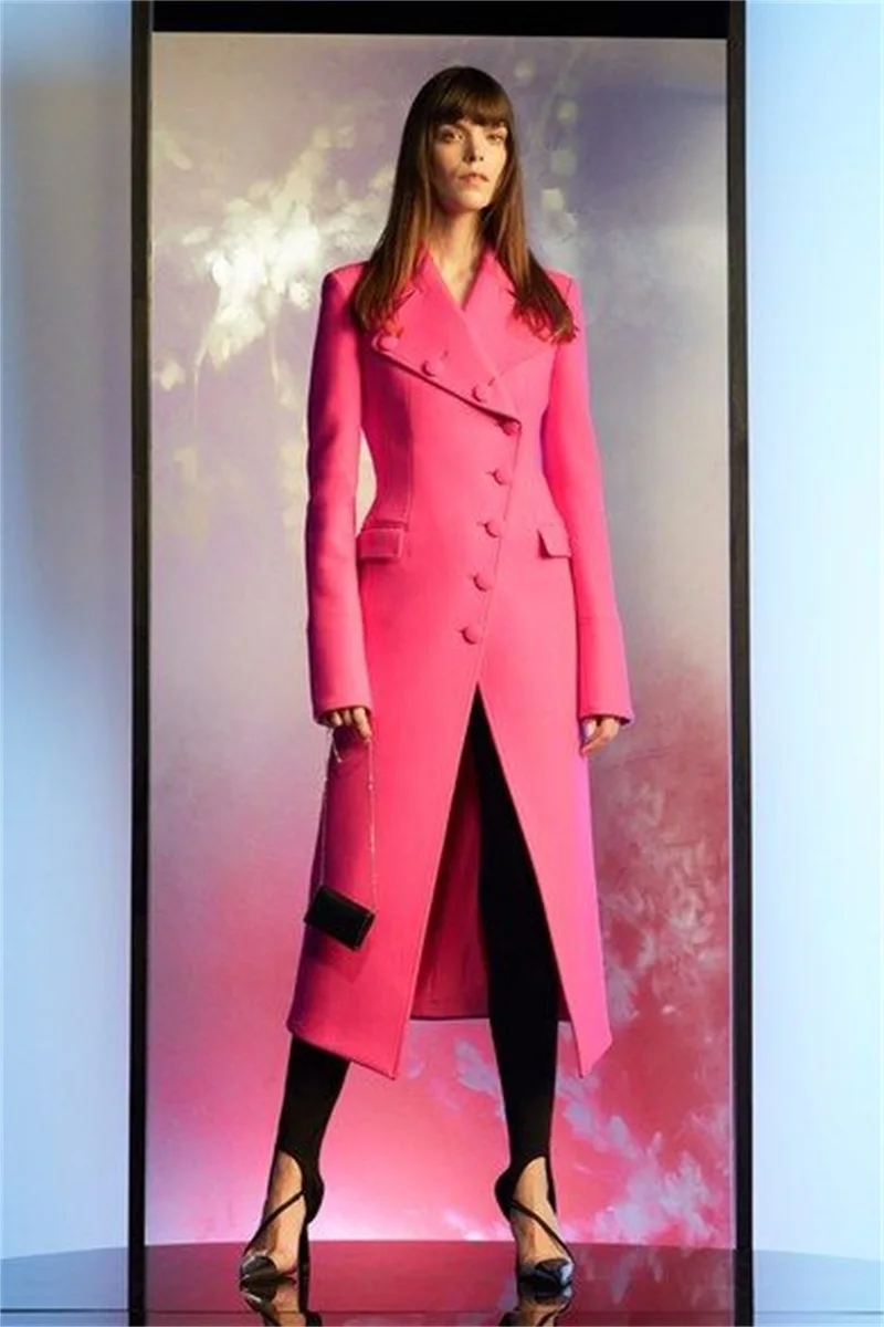 

Designer Pink Woolen Women Suit Blazer Overcoat Winter Thick Coat With Button Custom Made 1 Pcs Long Jacket Formal Prom Dress