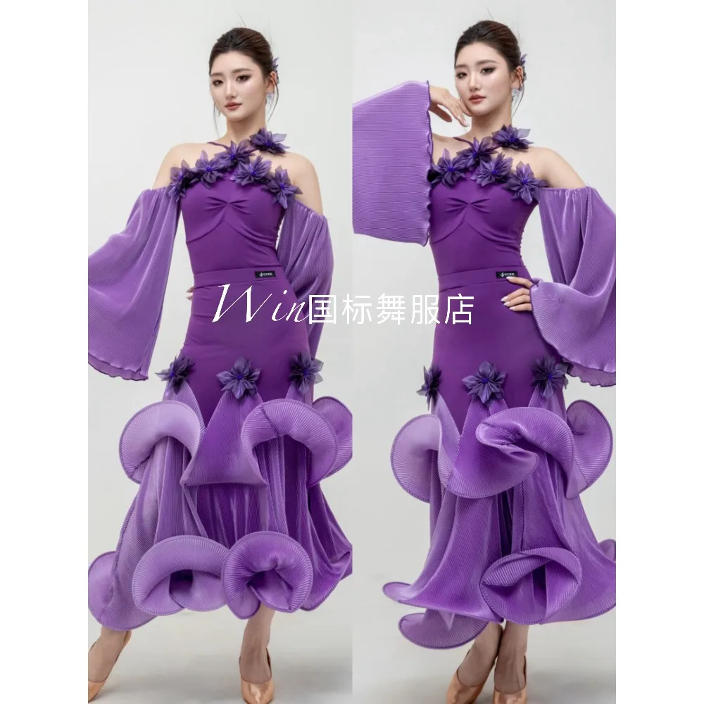 Modern Dance Performance Costume for Women Customized Long Sleeves Dress National Standard Waltz Tango Dance Competition Dresses