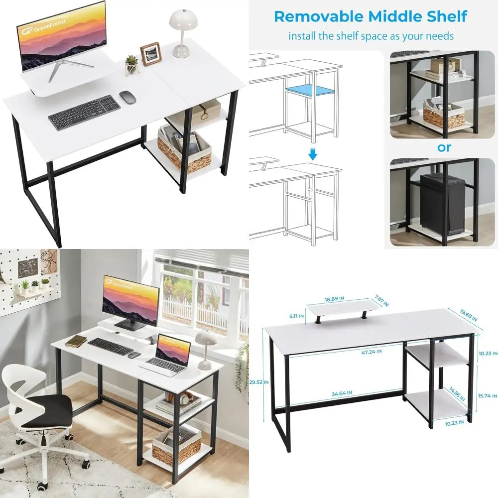 

Modern 47 Inch Computer Desk with Monitor Stand and Reversible Storage Shelves for Home Office and Study Space