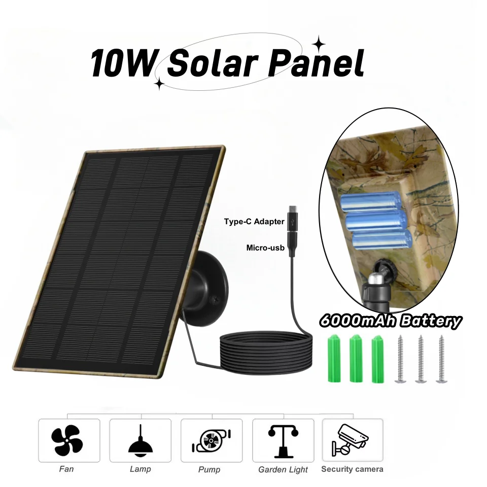 10W 5V Solar Panel and Charger 6000mAh Battery Power Bank Charging 2 In 1 Type-C Port for Security Camera Fans lamps Cellphones