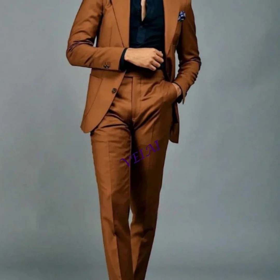 

Новейший мужской костюм коричневого цвета: пиджак и брюки, с отложным воротником, приталенный крой, элегантный смокинг для свадьбы, бизнеса, вечеринок, 2 предмета, на заказ