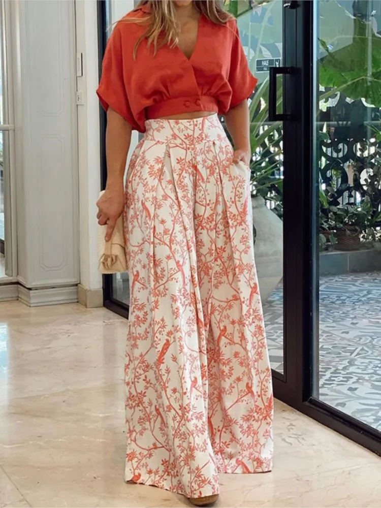 

Women Fashion Set Short Sleeve V-Neck Top 2 Piece Sets Lady Casual Pockets Print High Waist Wide Leg Pants Two Piece Sets Summer