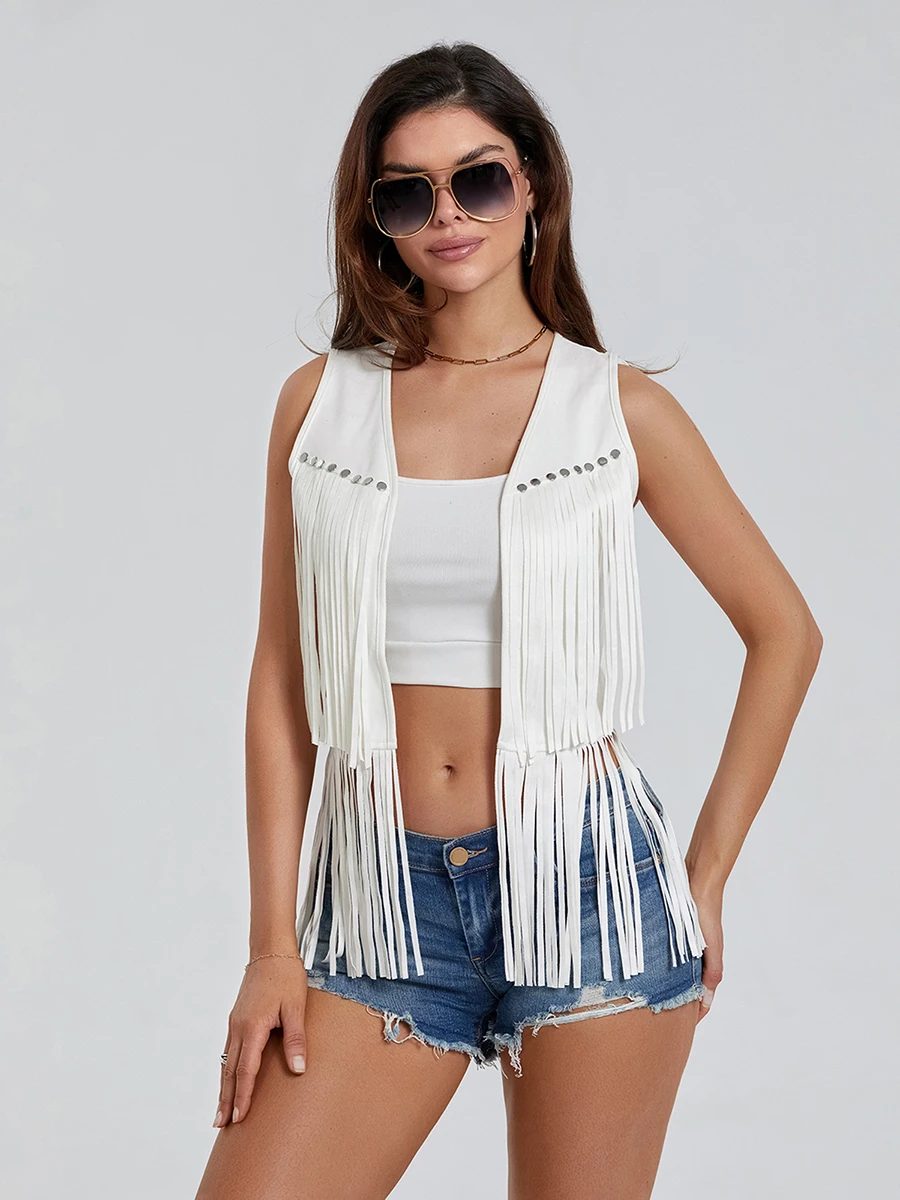 Women s Denim Tassel Jacket Vintage Lapel Long Sleeve Fringe Cropped Hippie Motor Biker Cardigan Outwears