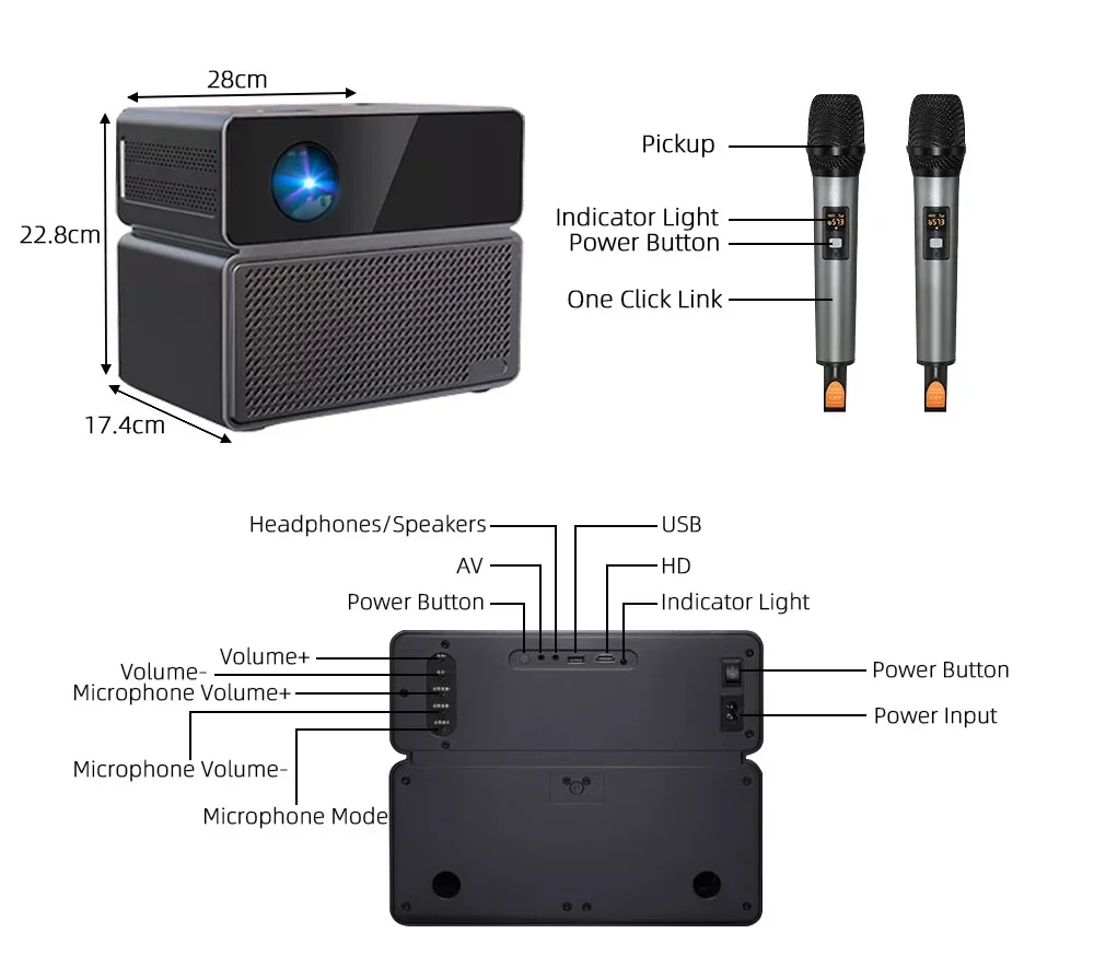 

E900 Projeksiyon Karaoke Machine In One Projector Full HD Android Mobile WIFI With 2 Microphone For Home KTV Theater