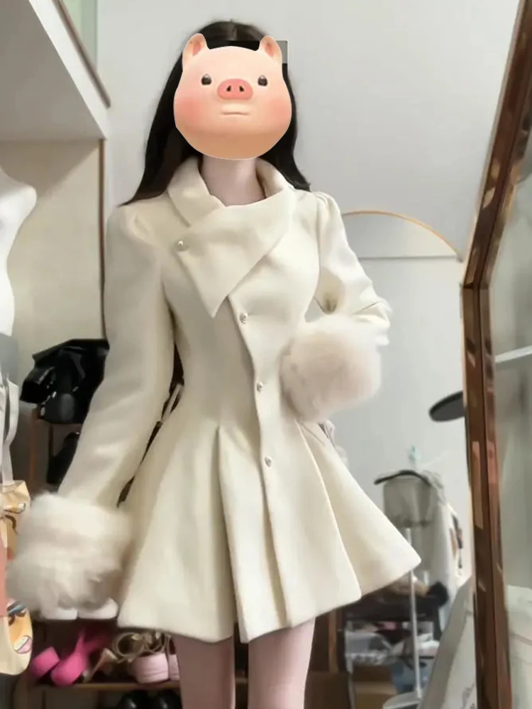 

Ele ort Woolen Coat Women's Faion Slimming Waist Design Korean Sle Commute Polyester Fiber Winter New Arrival