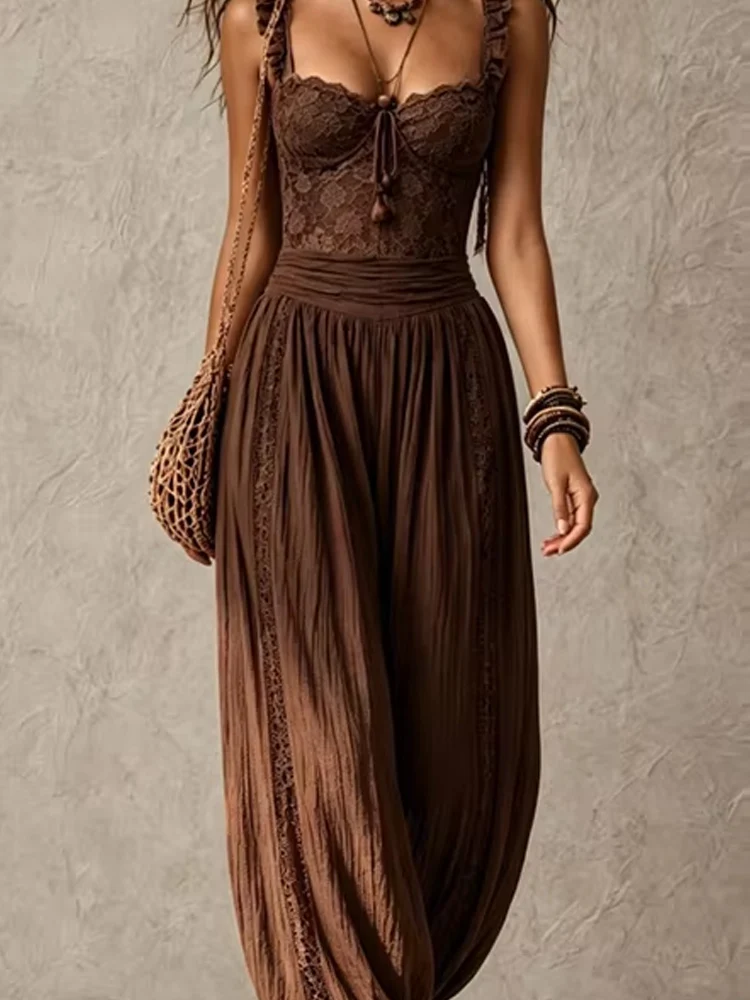 Women Elegant Ruffle Waist Solid Playsuit Overalls Casual Sleeveless Long Romper Sexy V-neck Lace Trim Spaghetti Strap Jumpsuits
