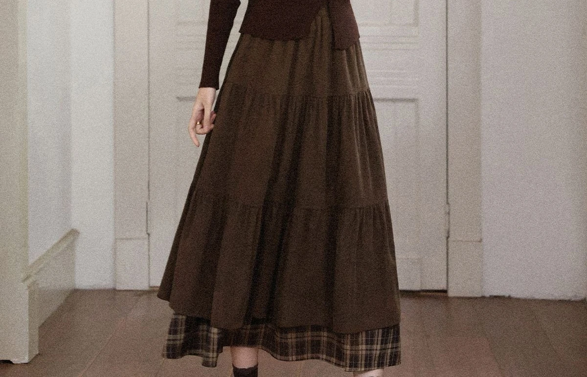 الربط منقوشة نصف تنورة طويلة 2025 الخريف والشتاء سميكة عالية الخصر التخسيس القوس ألف خط تنورة طويلة #6