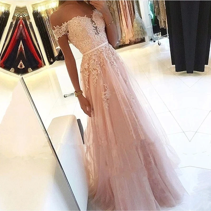 

ANGELSBRIDEP Off-Shoulder Prom Dresses Plus Size Formal Gala Floral Applique Vestidos de festa Floor Length Party Dresses