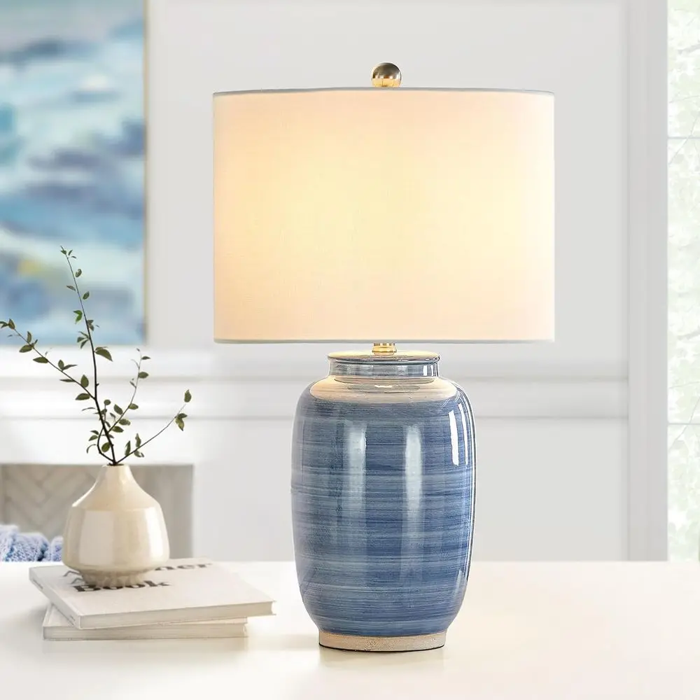 25 Blue Table Lamp for Living Room, Modern Ceramic Lamp with White Shade, Coastal Blue Bedside Nightstand Lamp for Bedroom Home