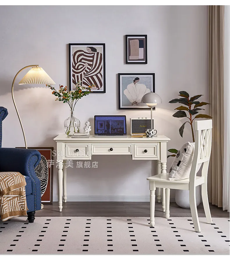 Hxl solid wood desk and chair set - white minimalist office computer desk writing table