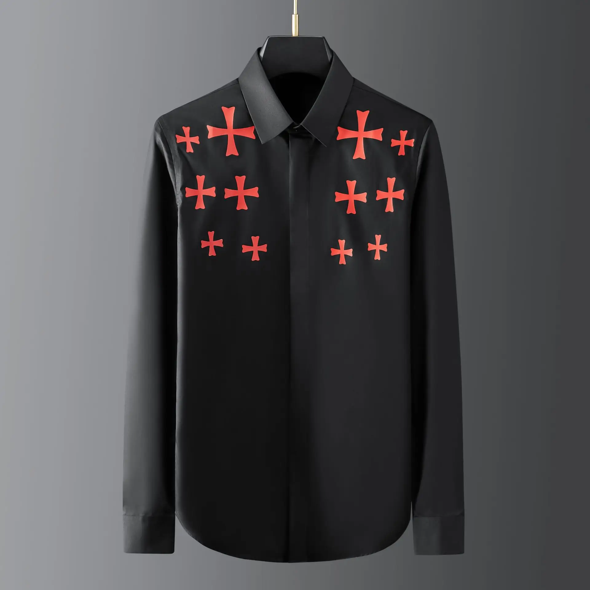 Trendy brand new cross pressed adhesive print on the chest, men's long sleeved shirt, slim fit casual shirt