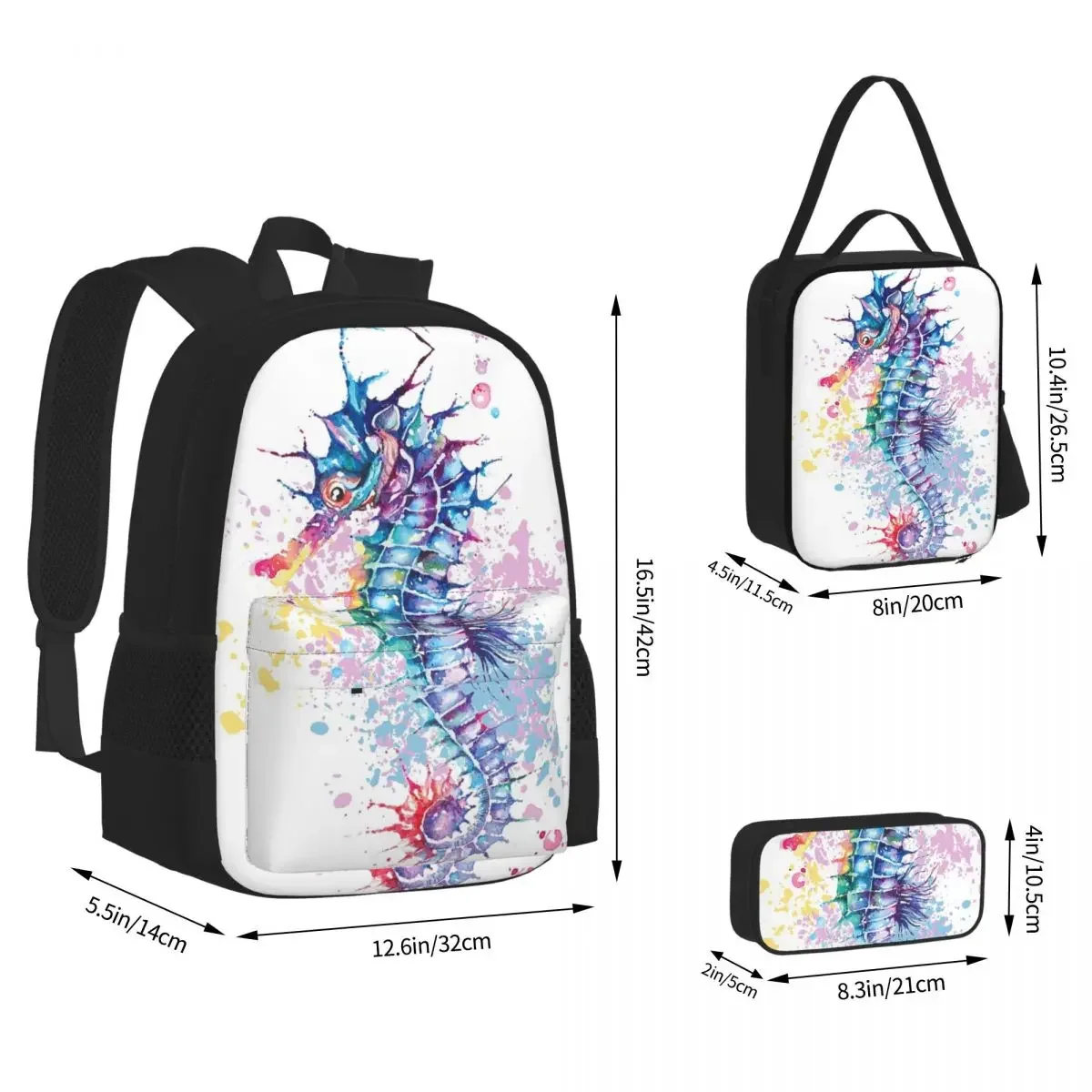 Watercolour Artwork Of Sea Horse Backpacks Bookbag Children School Bags Cartoon Kids Rucksack Lunch Bag Pen Bag Three-Piece Set